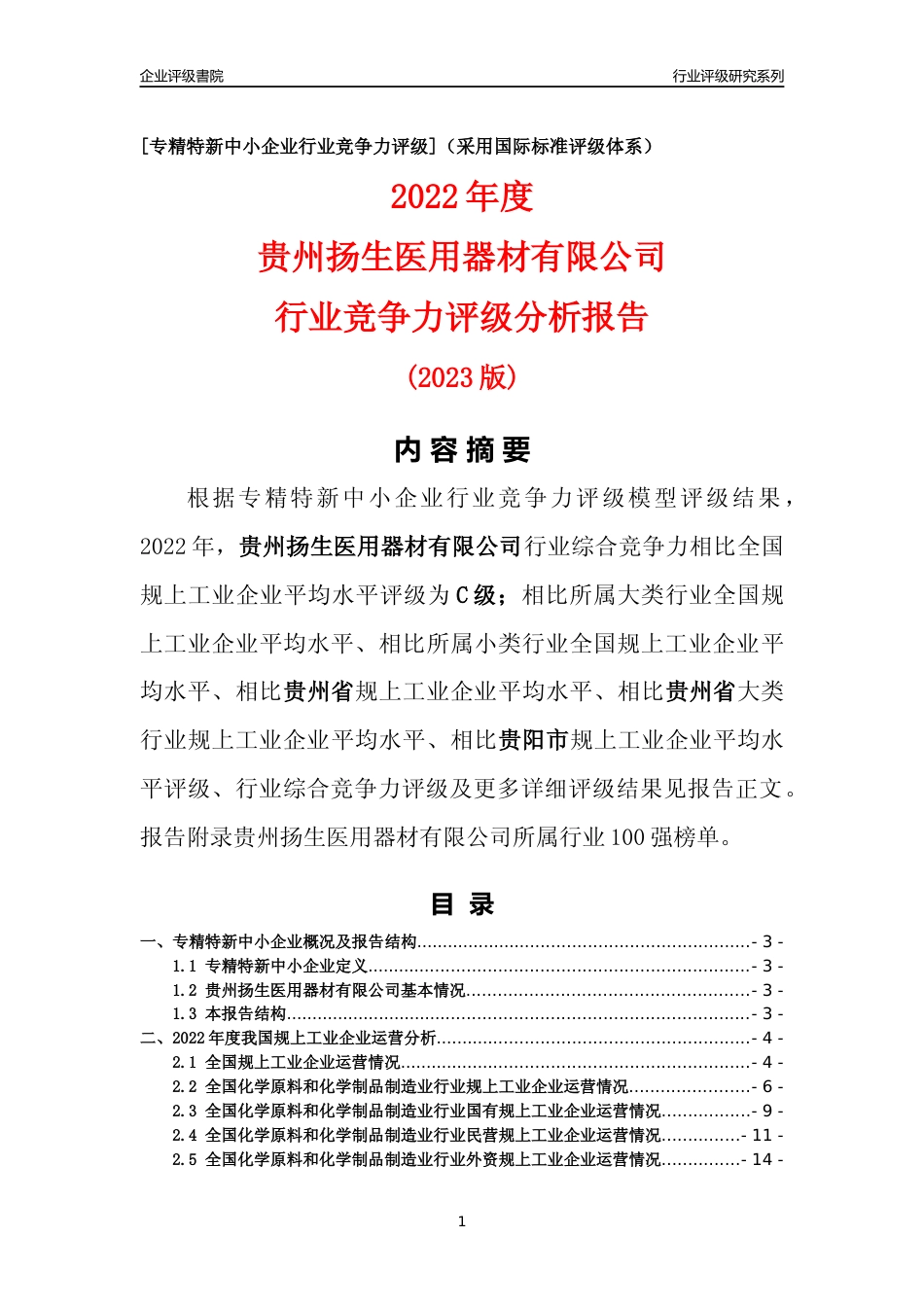 [专精特新]贵州扬生医用器材有限公司行业竞争力评级分析报告(2023版)_第1页