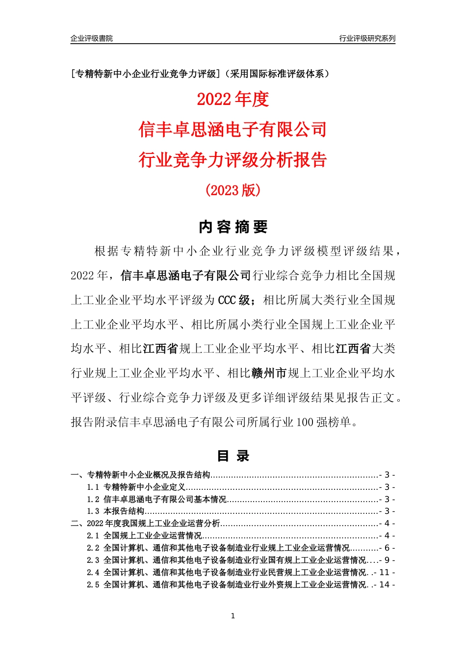 [专精特新]信丰卓思涵电子有限公司行业竞争力评级分析报告(2023版)_第1页
