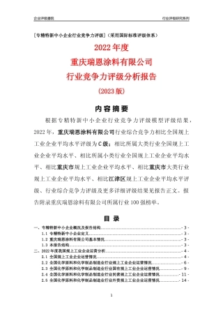 [专精特新]重庆瑞恩涂料有限公司行业竞争力评级分析报告(2023版)