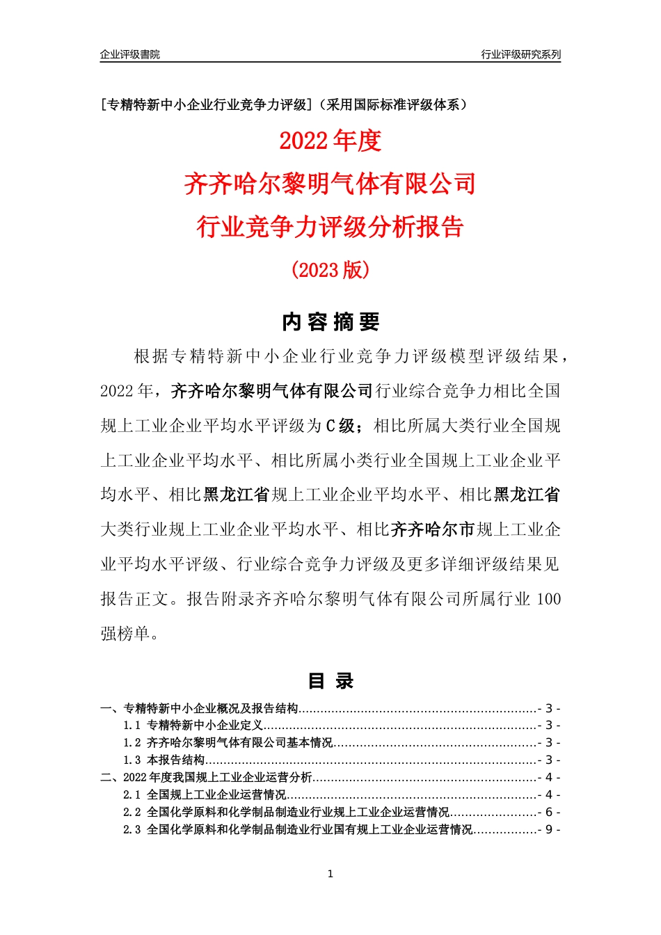 [专精特新]齐齐哈尔黎明气体有限公司行业竞争力评级分析报告(2023版)_第1页