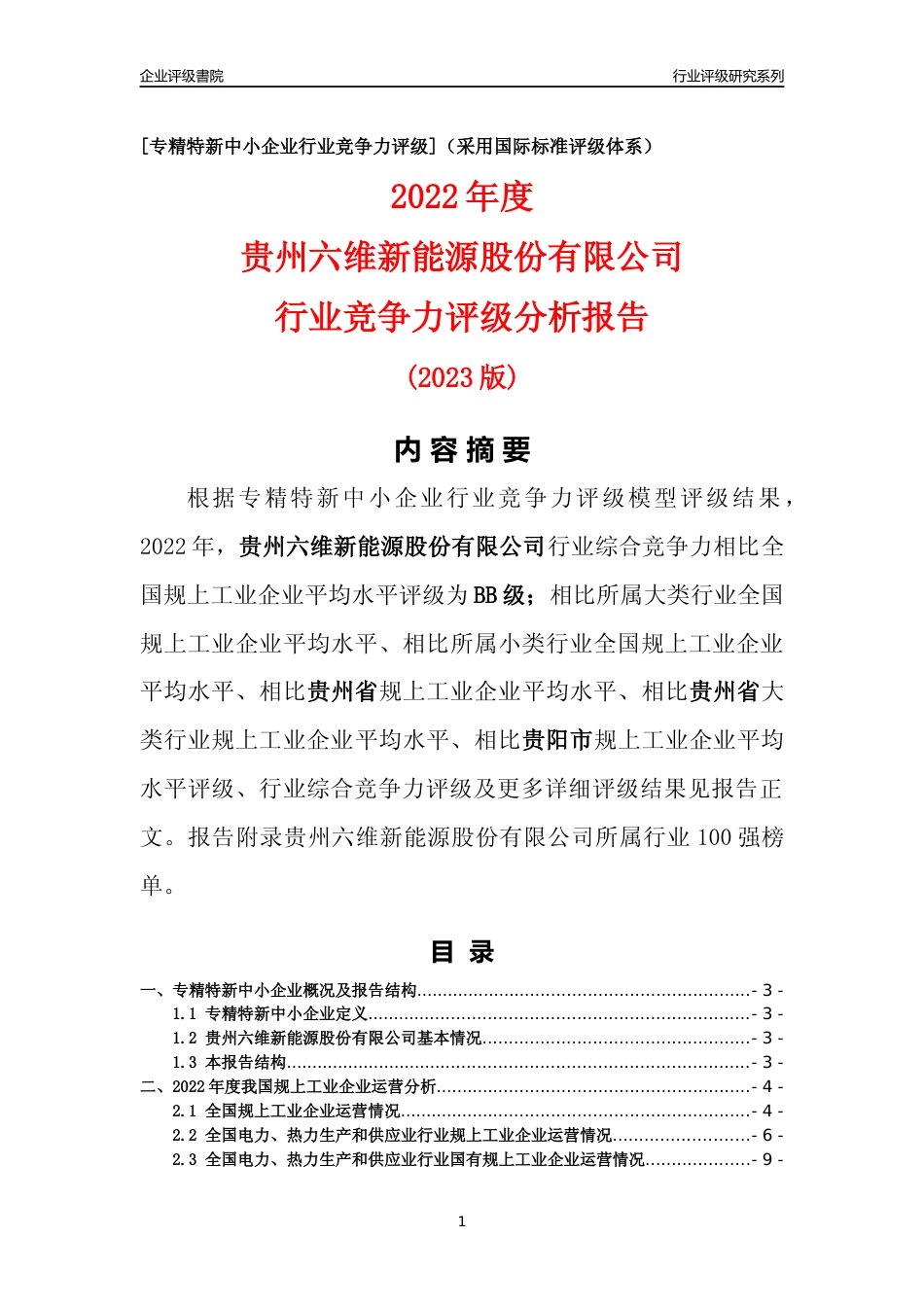 [专精特新]贵州六维新能源股份有限公司行业竞争力评级分析报告(2023版)_第1页