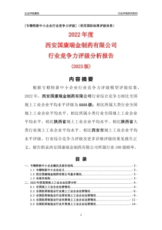 [专精特新]西安国康瑞金制药有限公司行业竞争力评级分析报告(2023版)