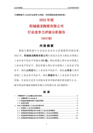 [专精特新]阳城福龙陶瓷有限公司行业竞争力评级分析报告(2023版)