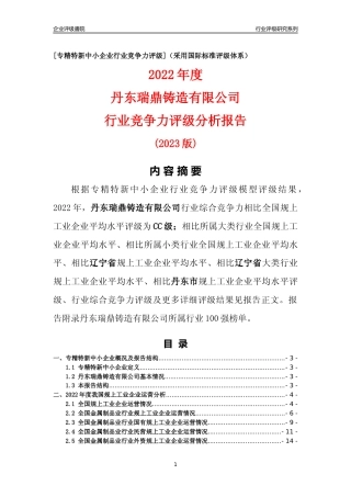 [专精特新]丹东瑞鼎铸造有限公司行业竞争力评级分析报告(2023版)