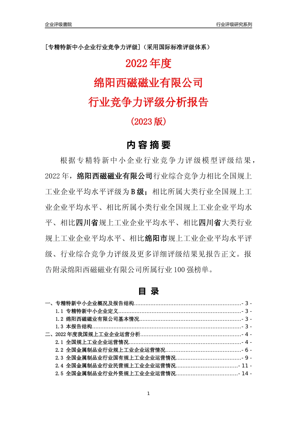 [专精特新]绵阳西磁磁业有限公司行业竞争力评级分析报告(2023版)_第1页