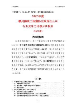[专精特新]赣州穗联工程塑料有限责任公司行业竞争力评级分析报告(2023版)