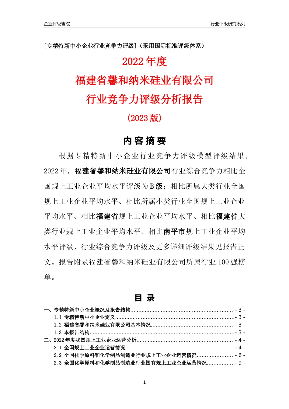 [专精特新]福建省馨和纳米硅业有限公司行业竞争力评级分析报告(2023版)_第1页