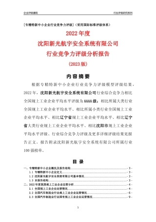 [专精特新]沈阳新光航宇安全系统有限公司行业竞争力评级分析报告(2023版)