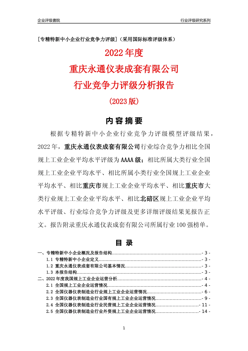 [专精特新]重庆永通仪表成套有限公司行业竞争力评级分析报告(2023版)_第1页