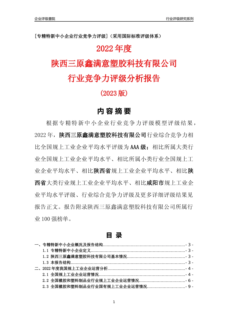 [专精特新]陕西三原鑫满意塑胶科技有限公司行业竞争力评级分析报告(2023版)_第1页