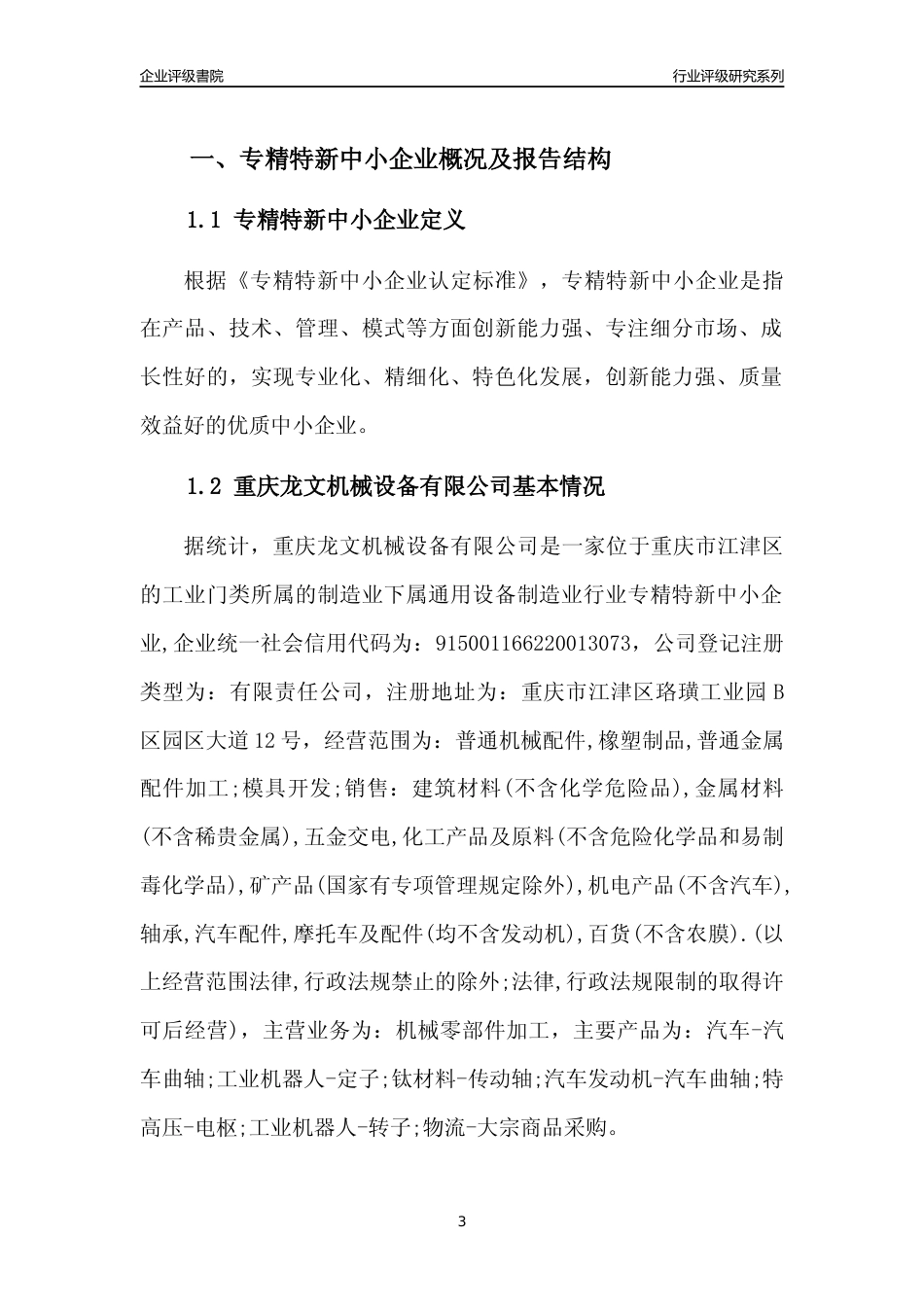 [专精特新]重庆龙文机械设备有限公司行业竞争力评级分析报告(2023版)_第3页