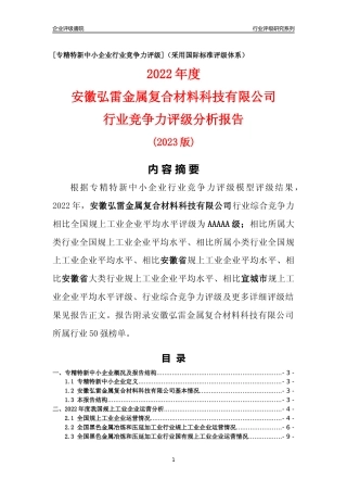[专精特新]安徽弘雷金属复合材料科技有限公司行业竞争力评级分析报告(2023版)