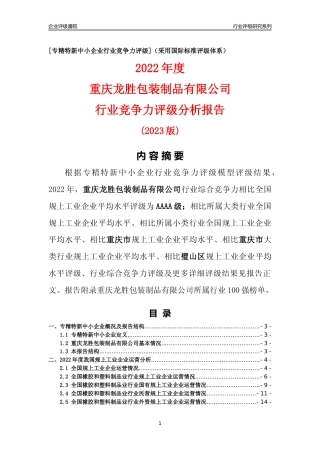 [专精特新]重庆龙胜包装制品有限公司行业竞争力评级分析报告(2023版)