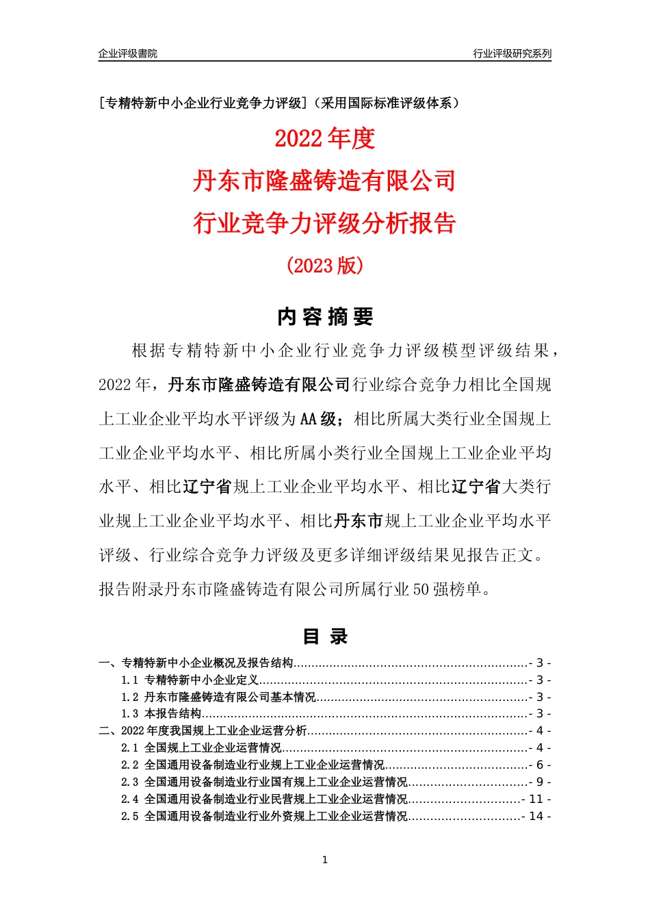 [专精特新]丹东市隆盛铸造有限公司行业竞争力评级分析报告(2023版)_第1页