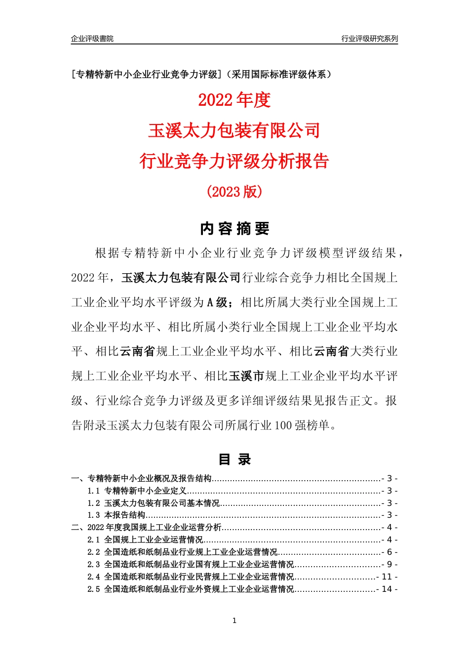 [专精特新]玉溪太力包装有限公司行业竞争力评级分析报告(2023版)_第1页