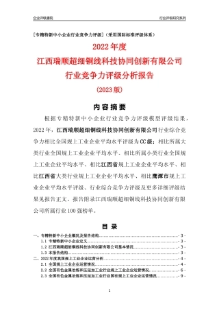 [专精特新]江西瑞顺超细铜线科技协同创新有限公司行业竞争力评级分析报告(2023版)