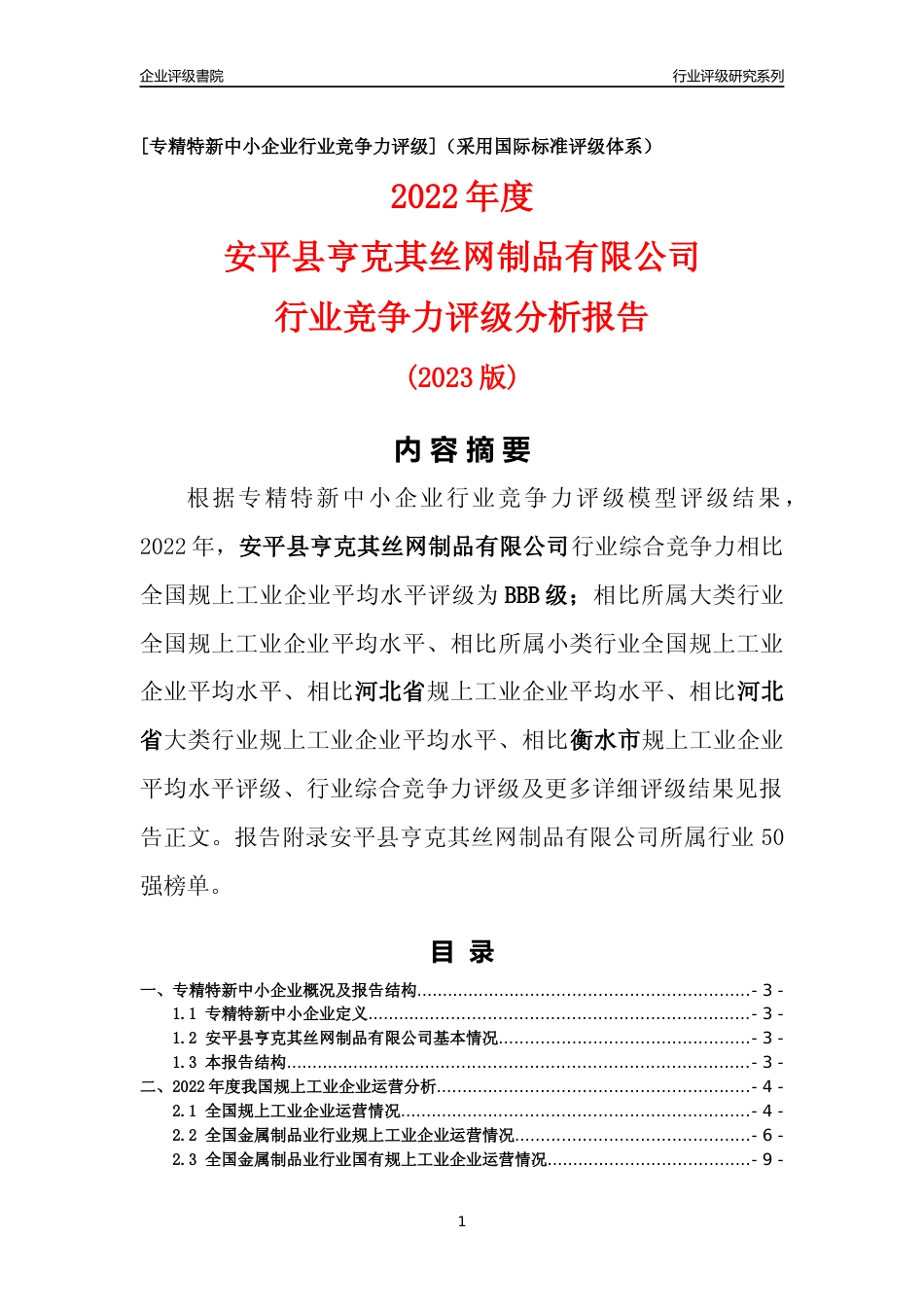 [专精特新]安平县亨克其丝网制品有限公司行业竞争力评级分析报告(2023版)_第1页