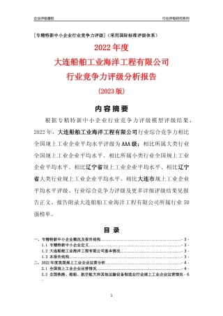 [专精特新]大连船舶工业海洋工程有限公司行业竞争力评级分析报告(2023版)