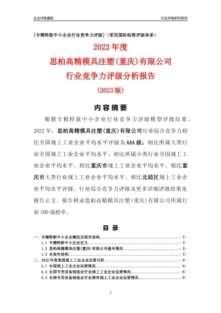 [专精特新]思柏高精模具注塑(重庆)有限公司行业竞争力评级分析报告(2023版)