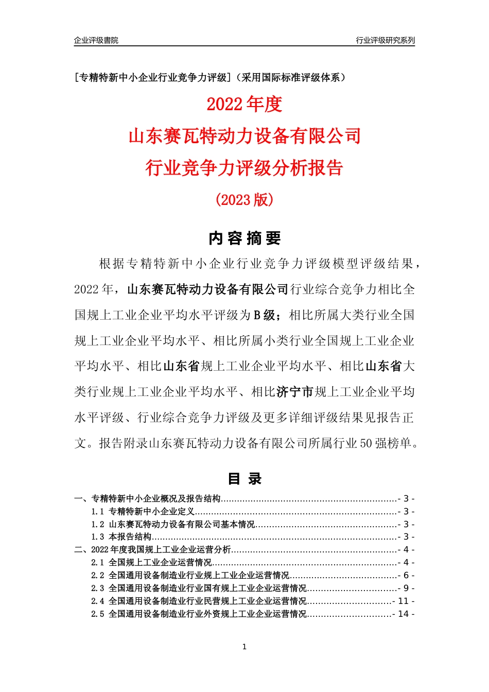 [专精特新]山东赛瓦特动力设备有限公司行业竞争力评级分析报告(2023版)_第1页