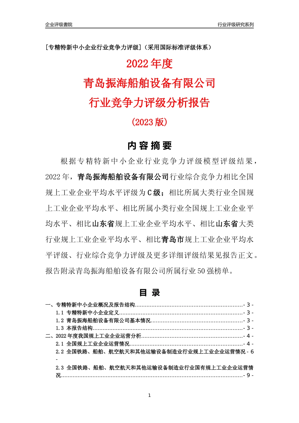 [专精特新]青岛振海船舶设备有限公司行业竞争力评级分析报告(2023版)_第1页