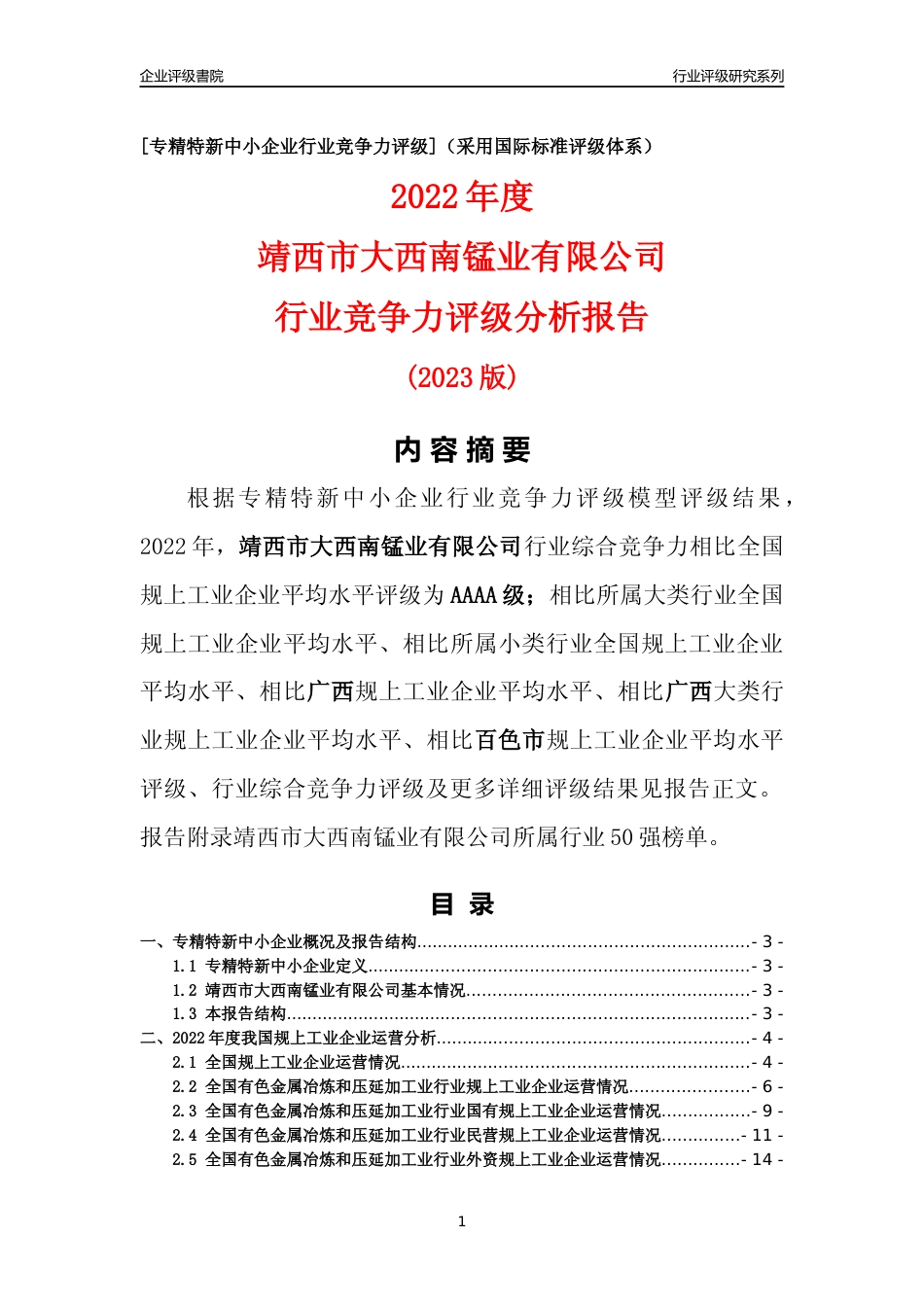 [专精特新]靖西市大西南锰业有限公司行业竞争力评级分析报告(2023版)_第1页