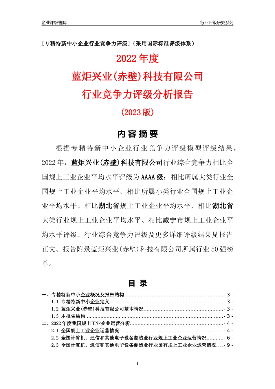 [专精特新]蓝炬兴业(赤壁)科技有限公司行业竞争力评级分析报告(2023版)_第1页