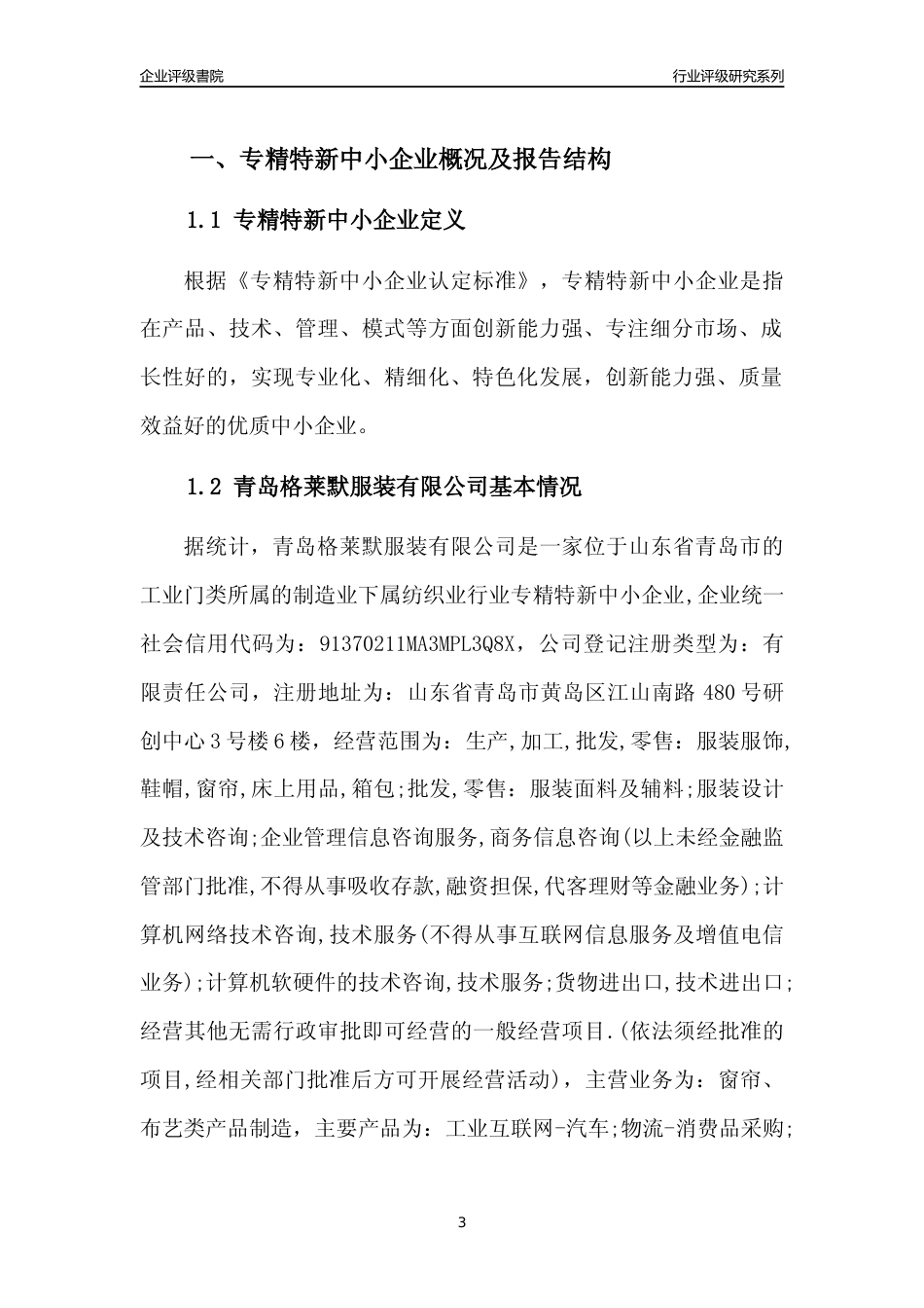 [专精特新]青岛格莱默服装有限公司行业竞争力评级分析报告(2023版)_第3页