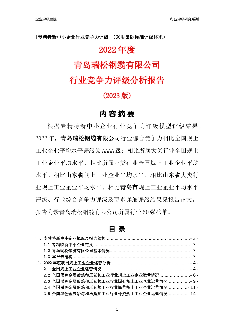 [专精特新]青岛瑞松钢缆有限公司行业竞争力评级分析报告(2023版)_第1页