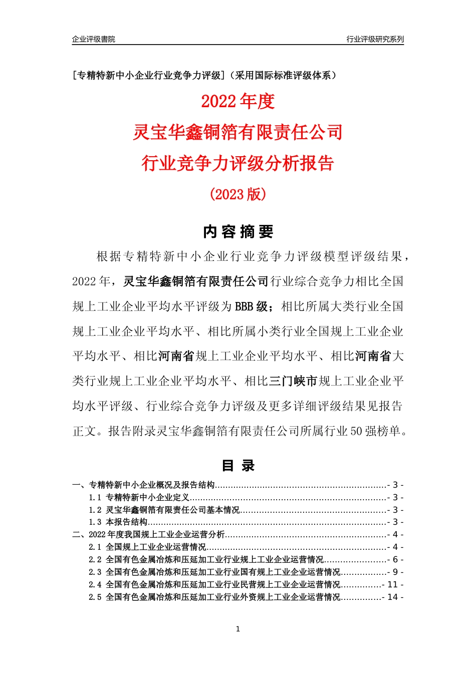 [专精特新]灵宝华鑫铜箔有限责任公司行业竞争力评级分析报告(2023版)_第1页