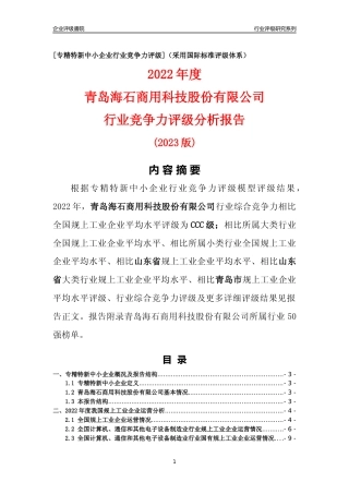 [专精特新]青岛海石商用科技股份有限公司行业竞争力评级分析报告(2023版)