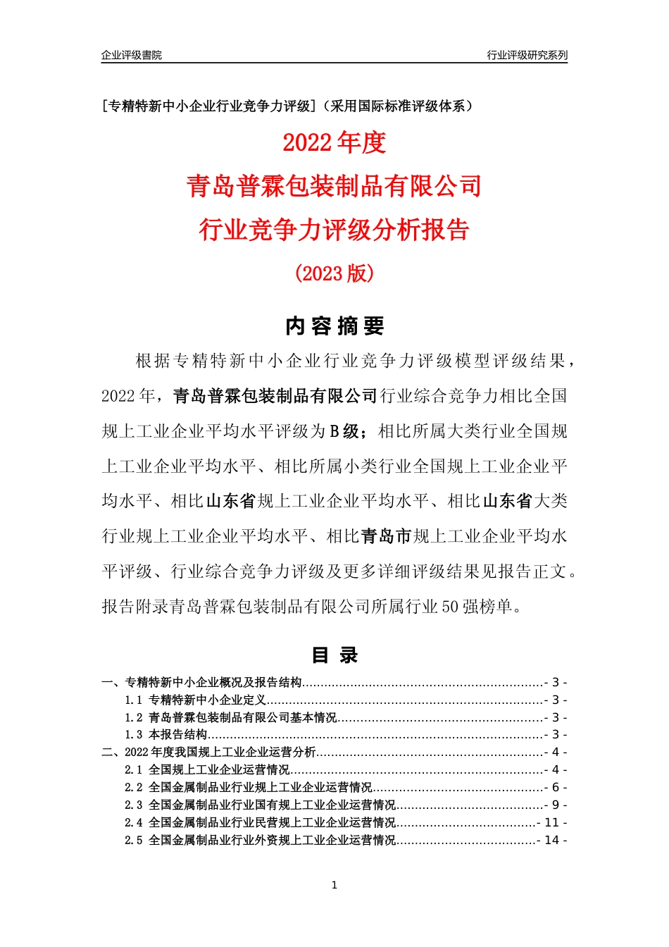 [专精特新]青岛普霖包装制品有限公司行业竞争力评级分析报告(2023版)_第1页