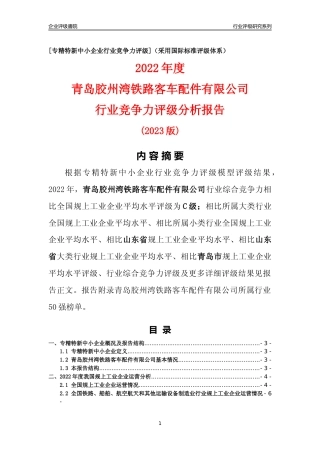 [专精特新]青岛胶州湾铁路客车配件有限公司行业竞争力评级分析报告(2023版)