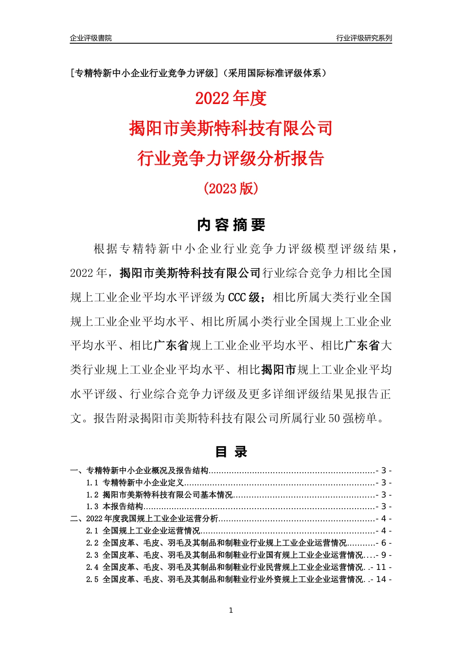 [专精特新]揭阳市美斯特科技有限公司行业竞争力评级分析报告(2023版)_第1页