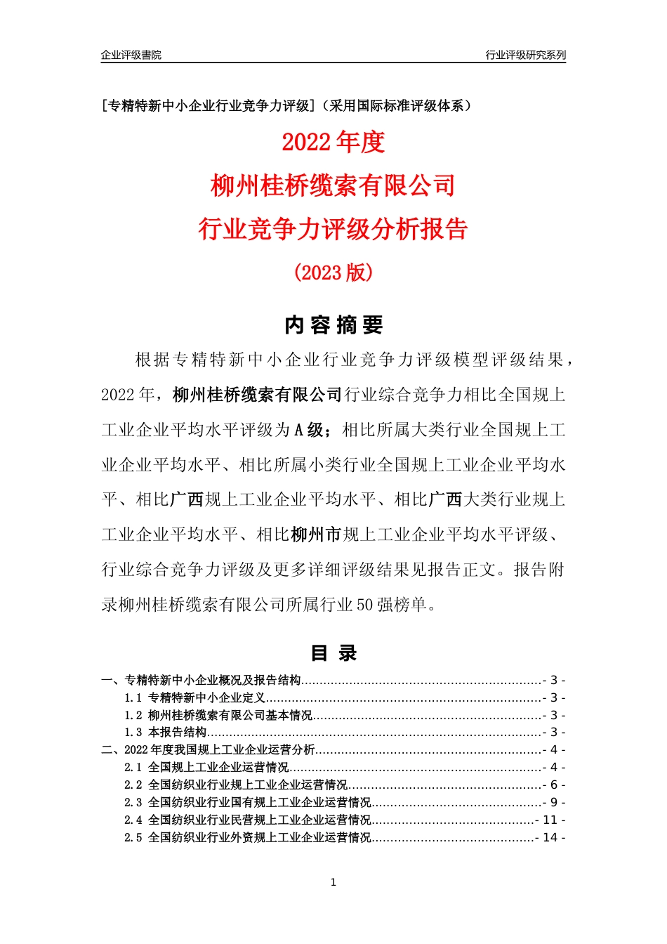 [专精特新]柳州桂桥缆索有限公司行业竞争力评级分析报告(2023版)_第1页