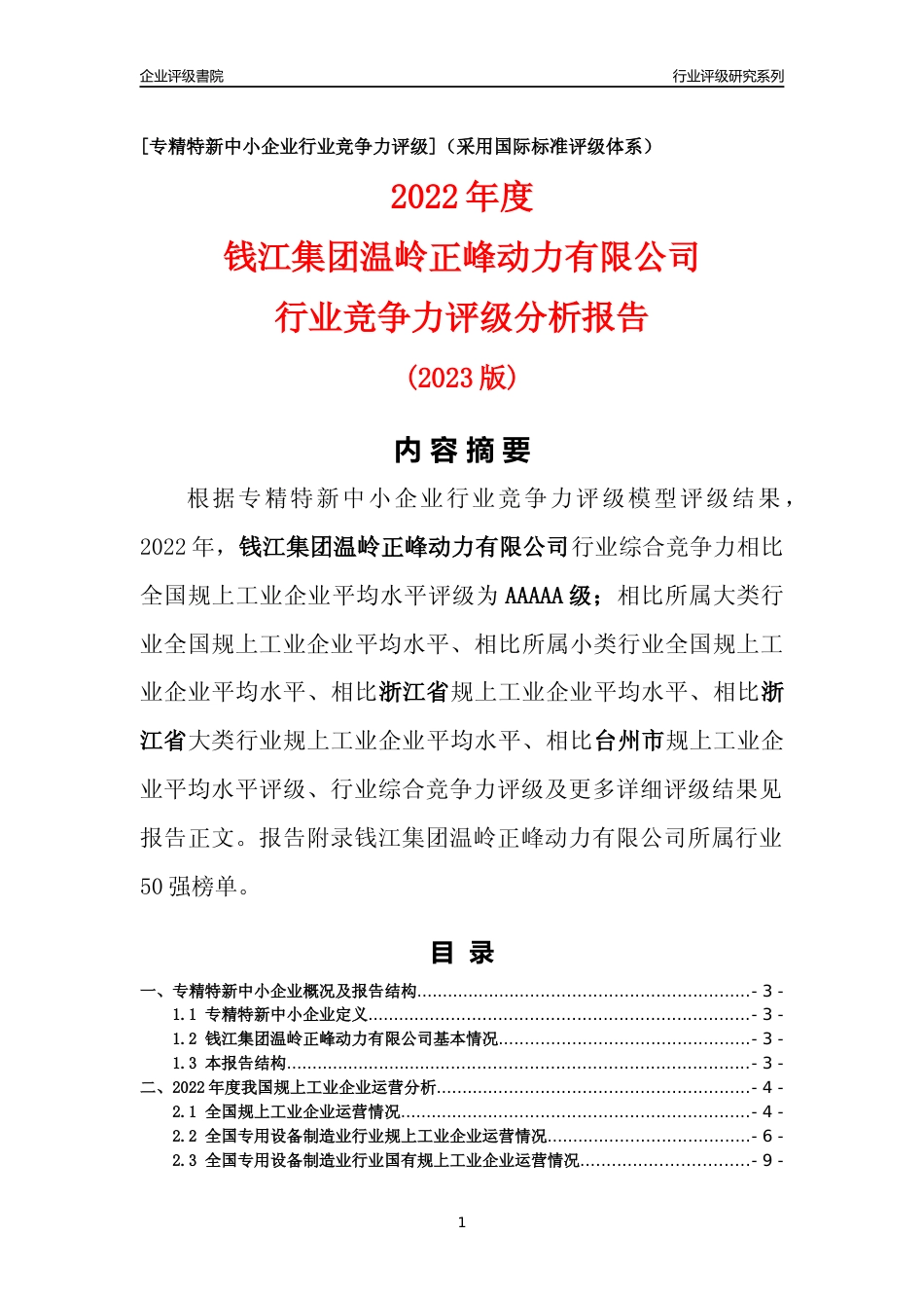 [专精特新]钱江集团温岭正峰动力有限公司行业竞争力评级分析报告(2023版)_第1页