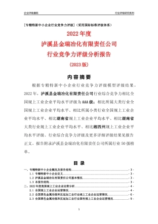 [专精特新]泸溪县金瑞冶化有限责任公司行业竞争力评级分析报告(2023版)