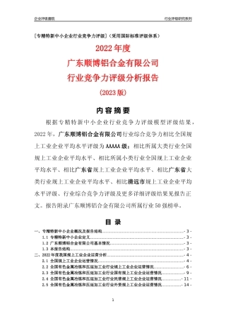[专精特新]广东顺博铝合金有限公司行业竞争力评级分析报告(2023版)