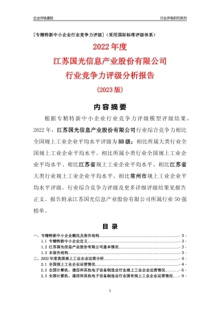[专精特新]江苏国光信息产业股份有限公司行业竞争力评级分析报告(2023版)