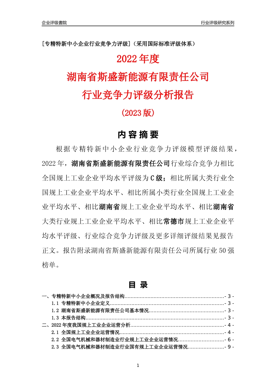 [专精特新]湖南省斯盛新能源有限责任公司行业竞争力评级分析报告(2023版)_第1页