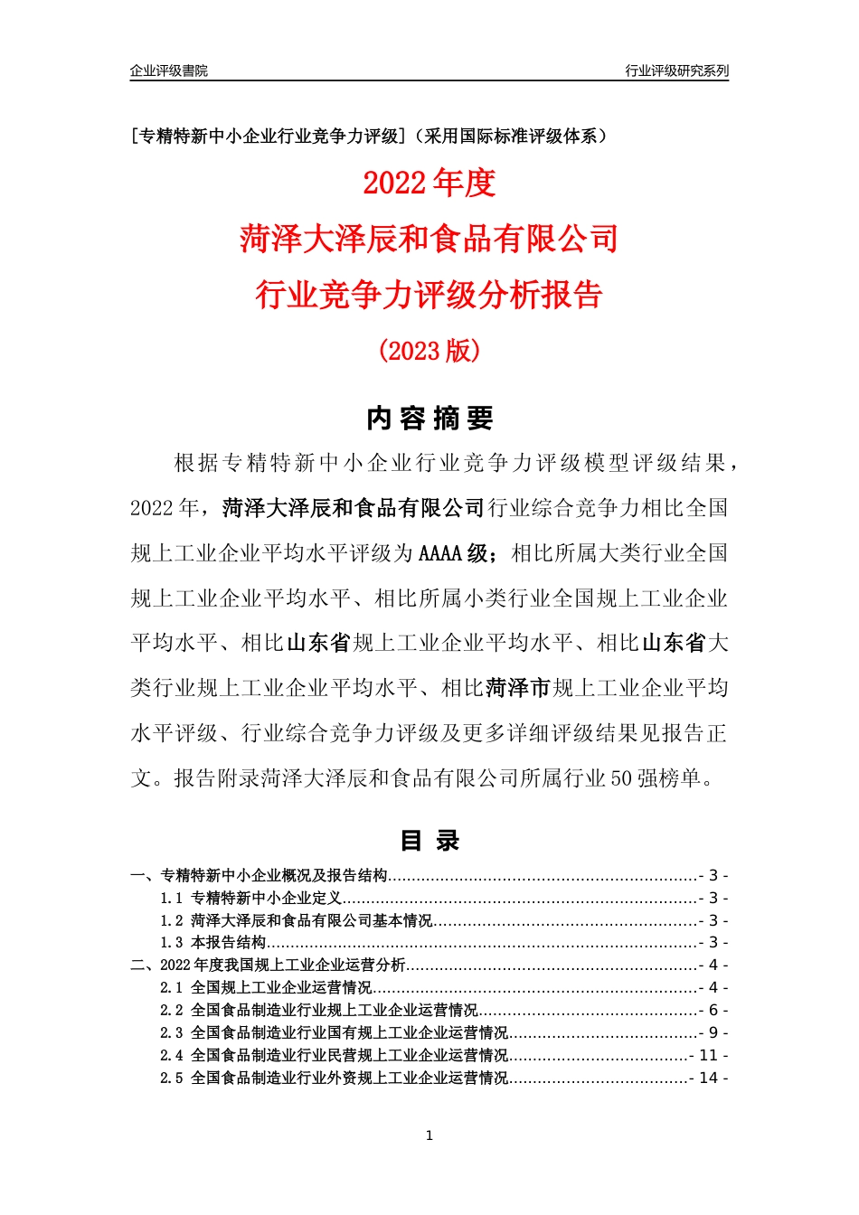 [专精特新]菏泽大泽辰和食品有限公司行业竞争力评级分析报告(2023版)_第1页