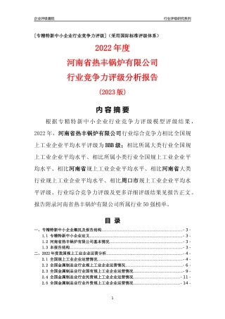 [专精特新]河南省热丰锅炉有限公司行业竞争力评级分析报告(2023版)