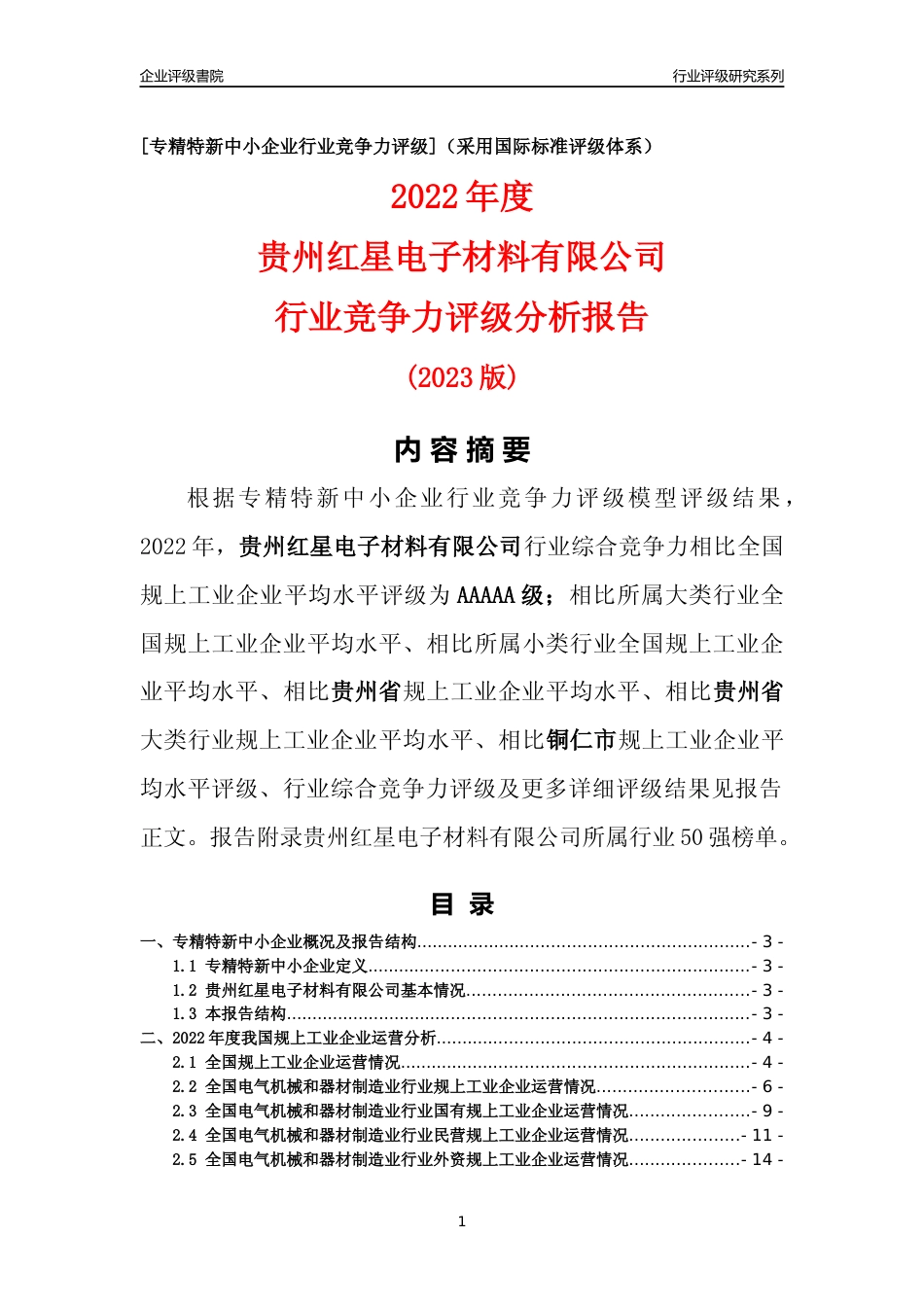 [专精特新]贵州红星电子材料有限公司行业竞争力评级分析报告(2023版)_第1页