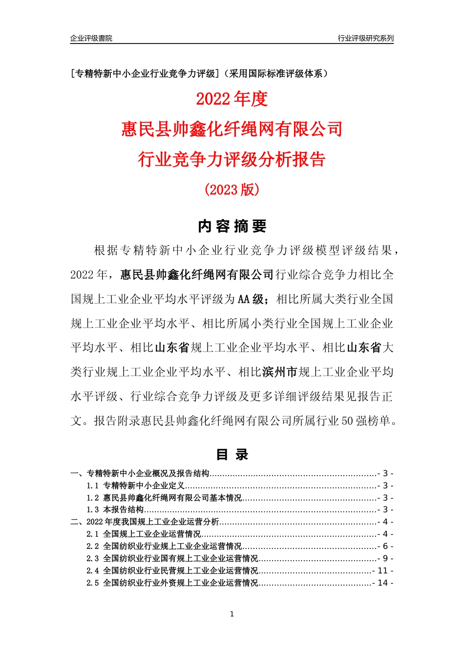 [专精特新]惠民县帅鑫化纤绳网有限公司行业竞争力评级分析报告(2023版)_第1页