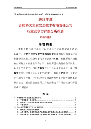 [专精特新]合肥科大立安安全技术有限责任公司行业竞争力评级分析报告(2023版)