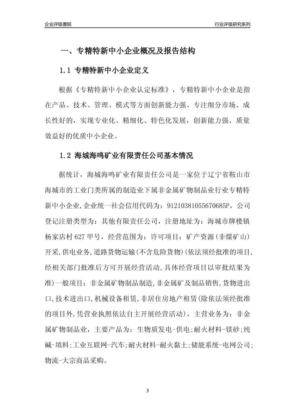 [专精特新]海城海鸣矿业有限责任公司行业竞争力评级分析报告(2023版)_第3页