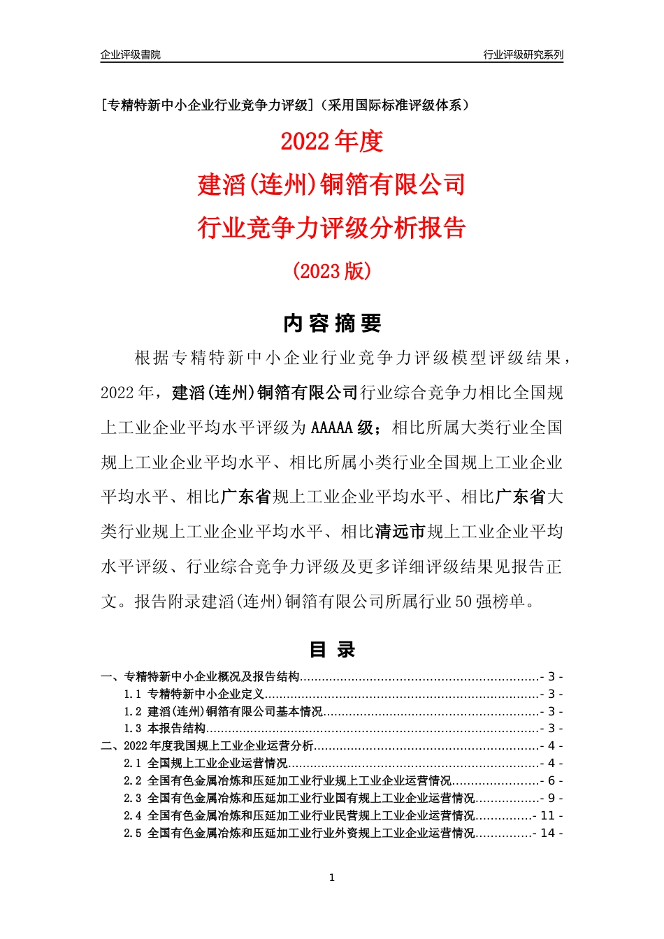 [专精特新]建滔(连州)铜箔有限公司行业竞争力评级分析报告(2023版)_第1页