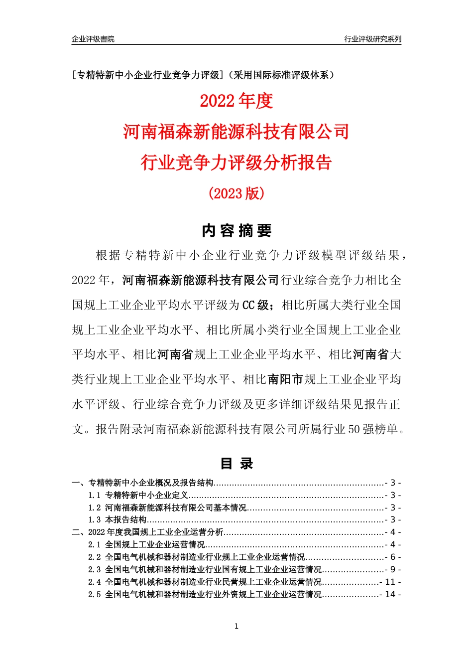 [专精特新]河南福森新能源科技有限公司行业竞争力评级分析报告(2023版)_第1页