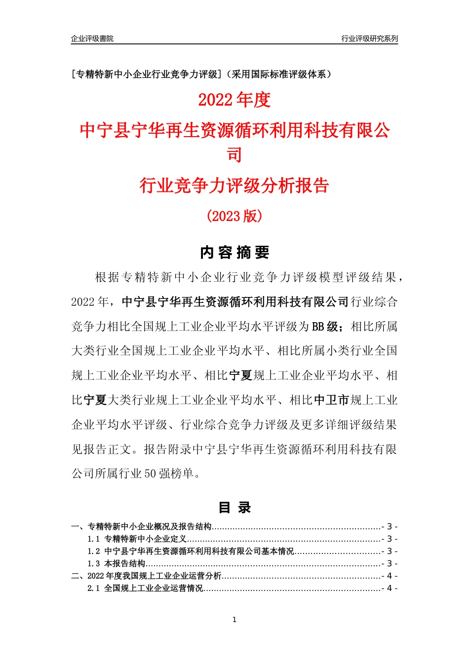 [专精特新]中宁县宁华再生资源循环利用科技有限公司行业竞争力评级分析报告(2023版)_第1页