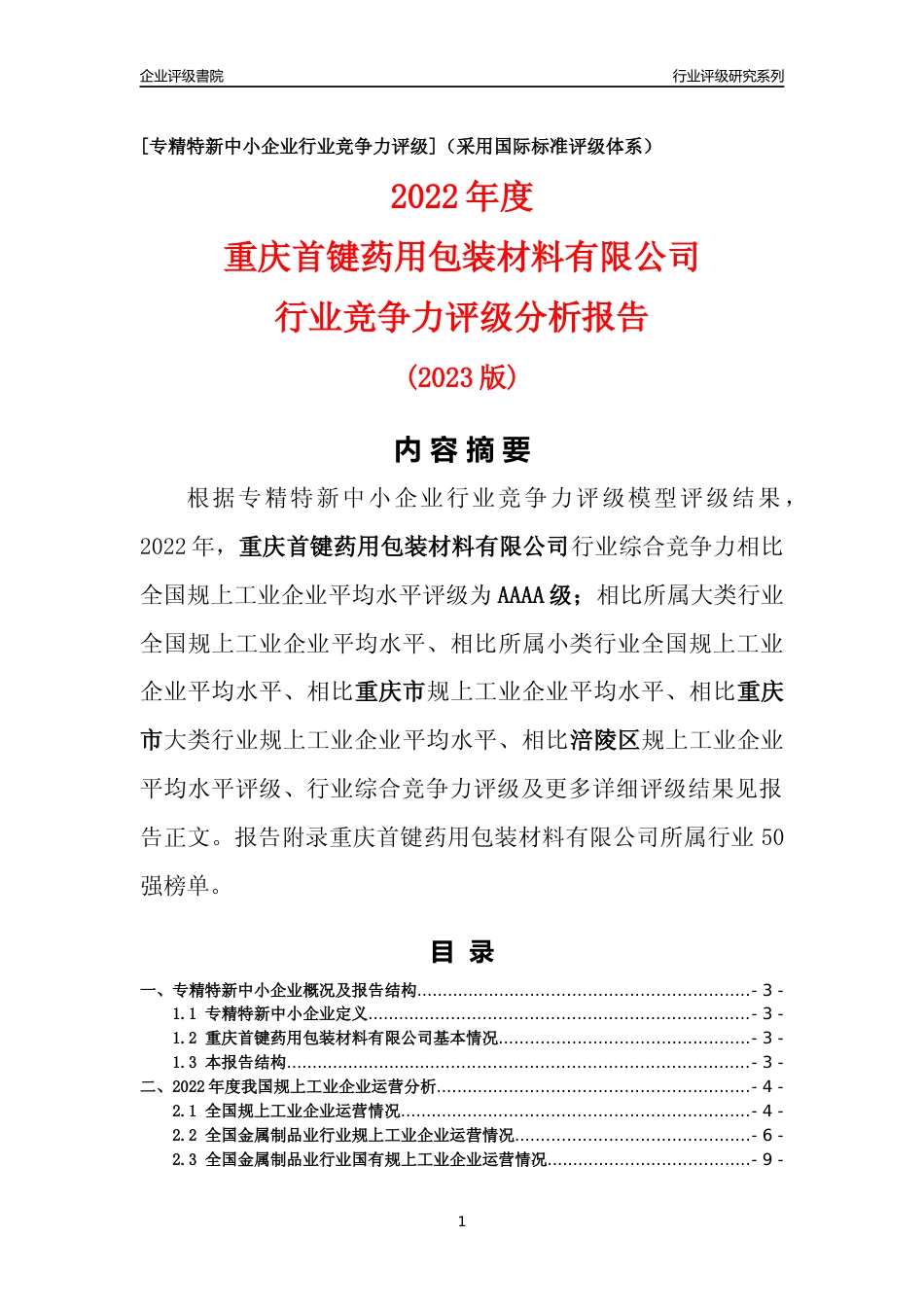 [专精特新]重庆首键药用包装材料有限公司行业竞争力评级分析报告(2023版)_第1页